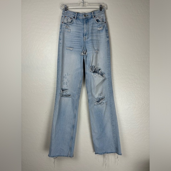 Zara Denim - Zara The 90s Full Length Jeans Light Wash Distress Flare Hi Rise Raw Hem 2 0083
